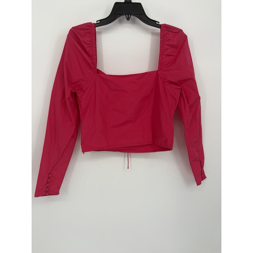 MANGO Hot Pink Ruched Crop Top Small NWT Fitted Y2K Chic Puff Sleeve Barbiecore - Picture 11 of 16